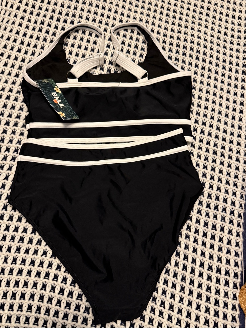 BMJL Black with White Striped Two Piece Hi Cut Bikini size Small